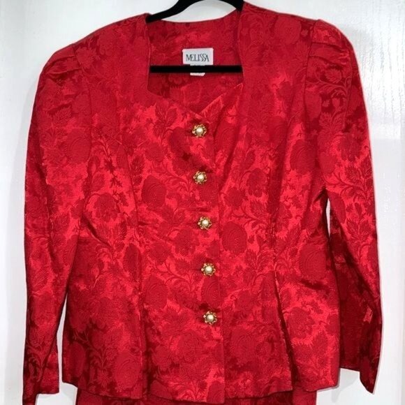 Vintage Melissa Red 2-Piece Dress Suit Set Size 16M Floral Jacquard Button-Up To - Picture 5 of 13
